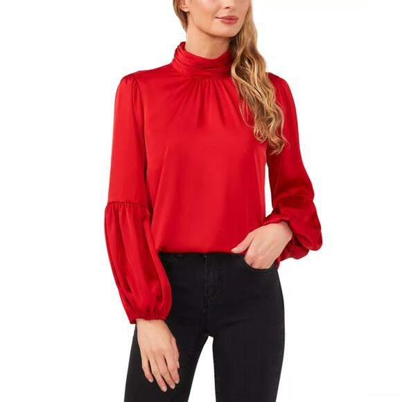 CeCe Womens Blouson Sleeve Mock Neck Blouse Size Medium True Red Silky Satin - Picture 1 of 11